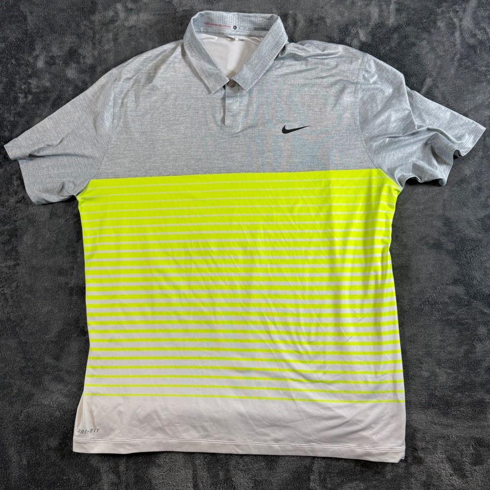 Nike Golf Polo XL Grey Neon Yellow Tiger Woods Collection Dri-FIT Snap Button
